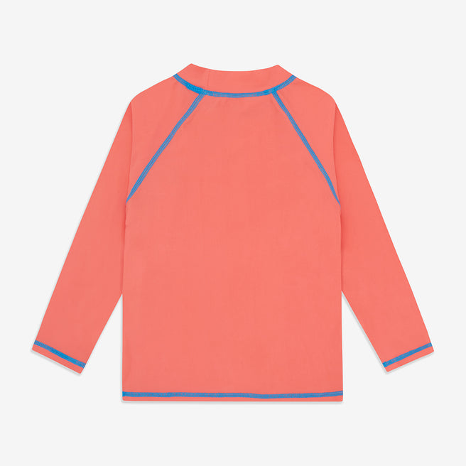 A red UV Protective Rash Vest with blue stitching. The long-sleeved top is shown from the back on a white background.